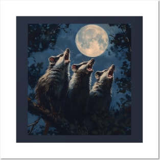Funny Three Opposum Moon Howling At The Moon Pet Possum Posters and Art